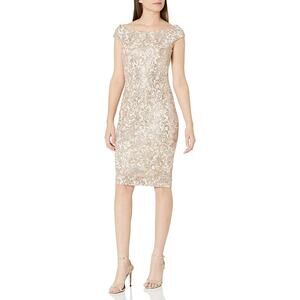 Vince Camuto Sequin Off The Shoulder Sheath Cocktail Dress Back Zip Sand Size 8